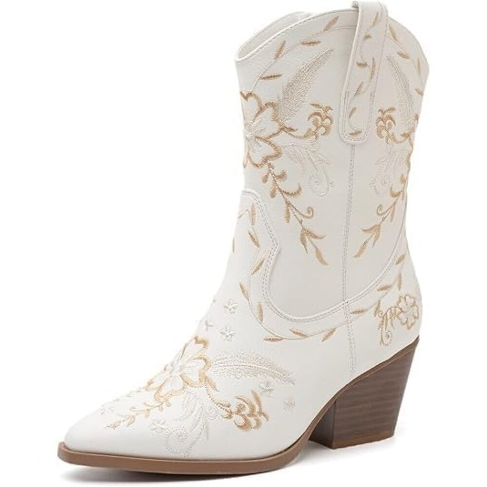 Anjoufemme Cowboy Boots Women White Polyurethane (PU) Embroidered  Mid-calf Boot